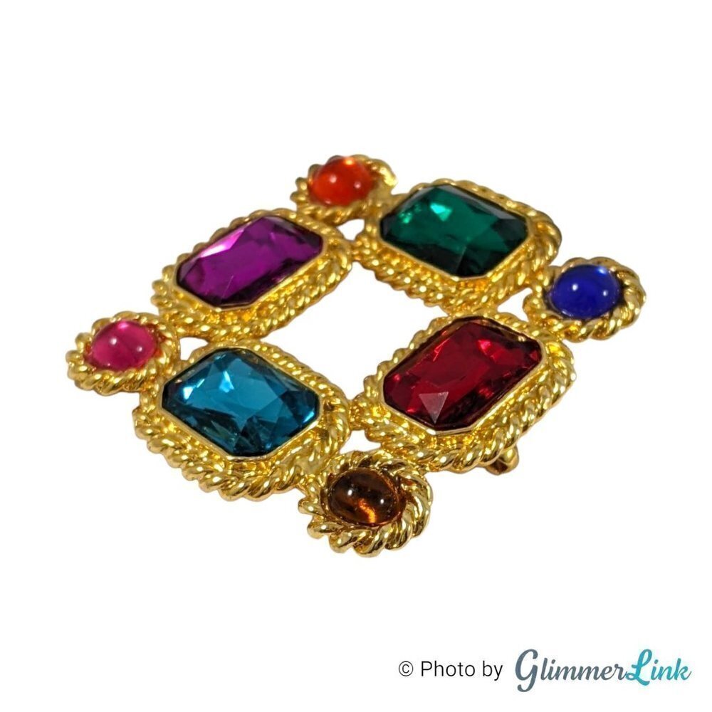 Contemporary Multicolor Rhinestone Open Square Gold Tone Brooch - Picture 2 of 6